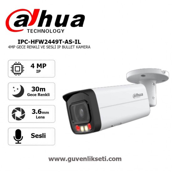 Dahua IPC-HFW2449T-AS-IL 4MP gece renkli sesli IP bullet kamera full color dış mekan güvenlik kamerası